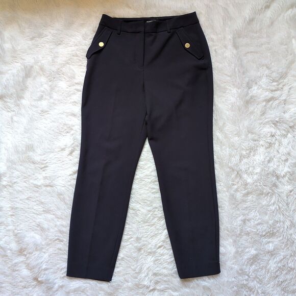 Express Womens 6R High Rise Crop‎ Dress Pant Bronze Button Pockets Navy Blue - Picture 2 of 13